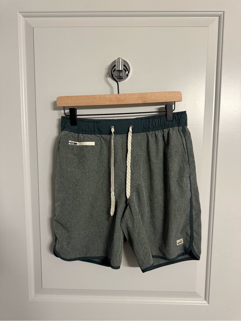 Vuori Heather Gray Athletic Shorts with Dark Teal Trim